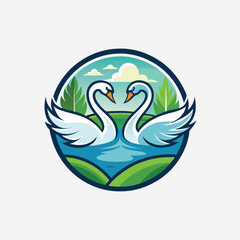 Obraz premium vector illustration of two swans in love on the water in lumps, Couple swan on a white background