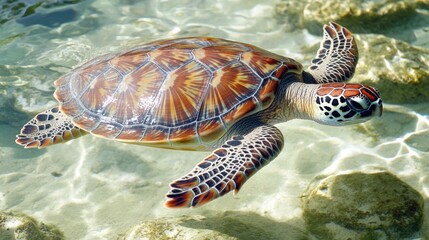A turtle swimming in clear water, great for underwater or aquatic scenes