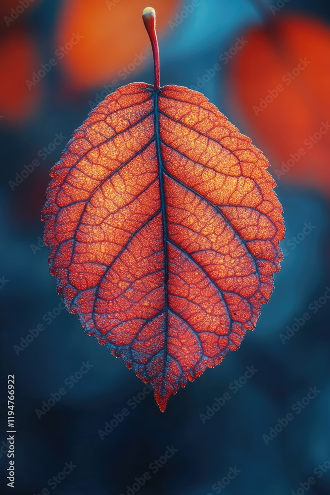 Poster a detailed view of a single leaf with a blurred background, ideal for use in botanical or nature-ins