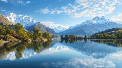 Fototapeta premium Tranquil lakeside reflection of surrounding mountains and trees nature photography serene environment peaceful view