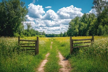 Fototapeta premium A vibrant and sunny landscape filled with wildflowers stretching under a bright blue sky, evoking feelings of joy, freedom, and the limitless possibilities of nature.
