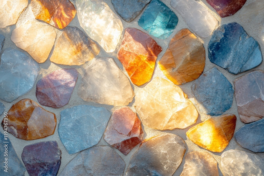 Aufkleber a vibrant mosaic composed of contrasting coloured stones reflects warm sunlight, creating an invitin