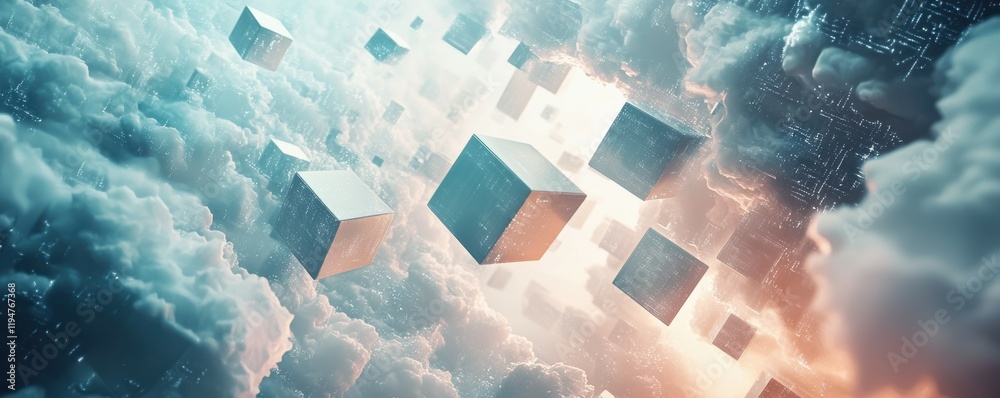 Poster abstract 3d cubes floating and disintegrating into pixelated clouds, futuristic and artistic, 4k pho