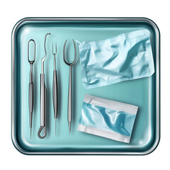 A medical tray with various instruments alongside an open packet of chlorhexidine wipes, highlighting a sterile healthcare environment on transparent background.