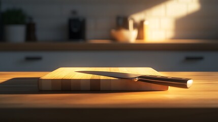 Cutting board with a knife blade standing out kitchen lighting natural tones