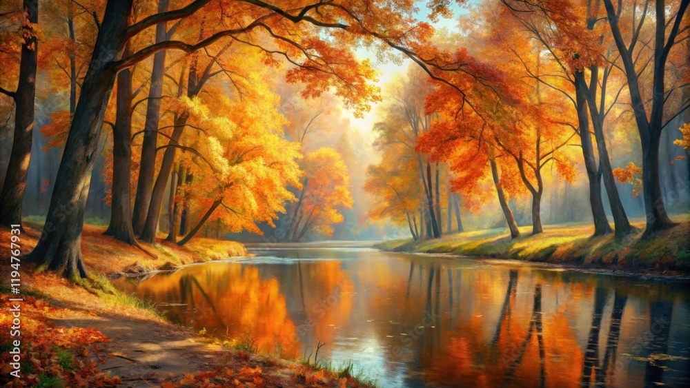 Poster serene autumn river scene with golden trees reflecting in calm water