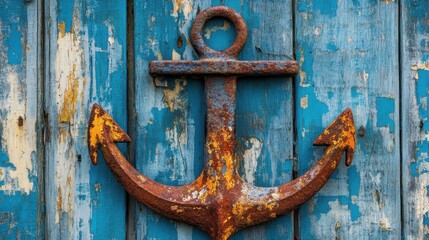 A large iron anchor with visible rust placed on a rustic wooden plank surface
