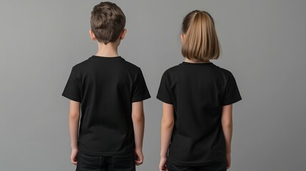 stand boy and short hair girl in black t-shirts, full body, back view, posing for the camera on a gray background, studio shot