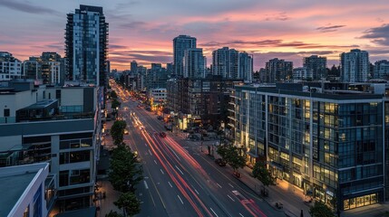 Fototapeta premium High-rise office buildings in a vibrant cityscape during sunset, with golden light reflecting off glass facades. Ample space for copy use.