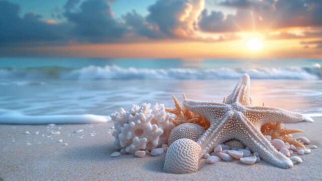 Waves wash starfish, shells and corals on a sandy beach during sunset or sunrise. Beach holiday theme.
