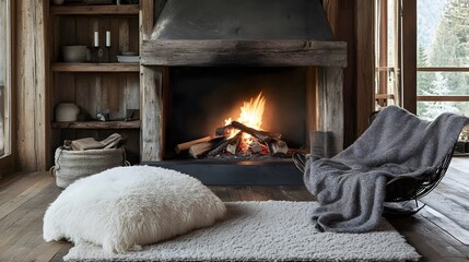 A winter retreat featuring a roaring fire in a rustic fireplace, logs burning brightly, with a cozy chair and a thick blanket nearby, inviting a sense of warmth and relaxation. 