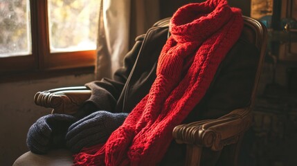 Bright red scarf resting on a chair with a winter coat and gloves nearby, ready for a chilly day outside.