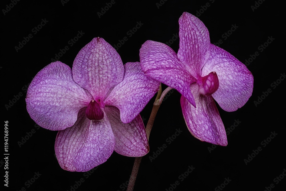 Poster Close-up of two purple orchids on a stem against a dark background, ideal for use in designs and compositions where a pop of color is needed