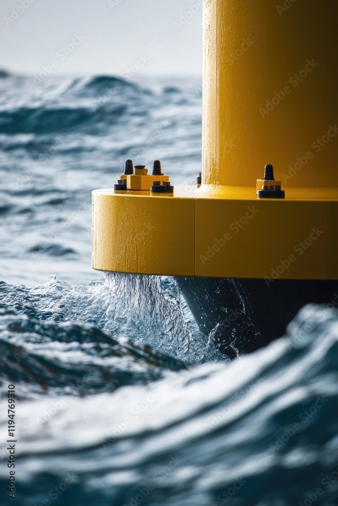 Poster a bright yellow buoy floating in the middle of the ocean, suitable for use as a symbol or icon