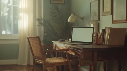 Home office desk setup featuring a laptop, wireless accessories, and natural decor elements like wooden furniture and plants.