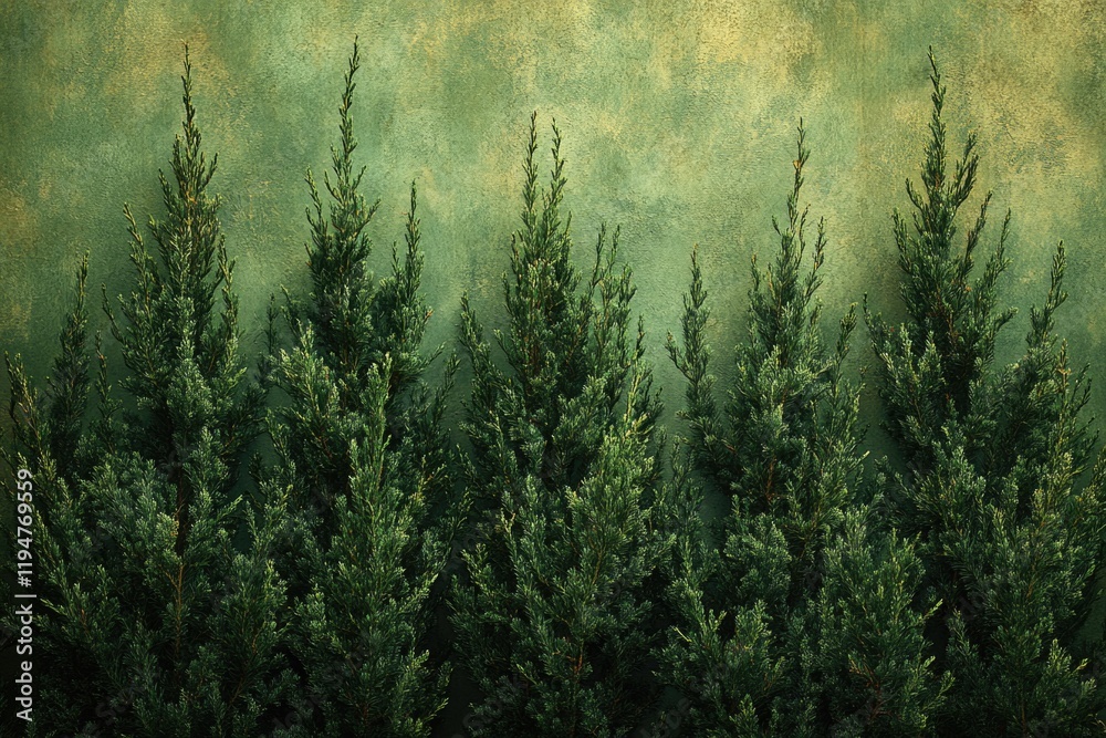 Poster a group of pine trees stands in front of a large green wall, providing a natural backdrop for variou