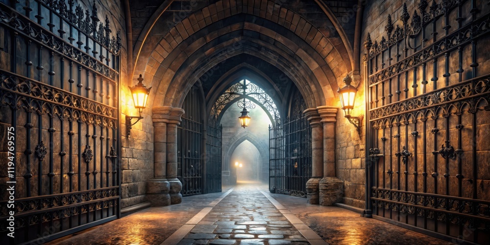 Aufkleber mysterious passageway through ancient stone archway with ornate iron gates and glowing lanterns
