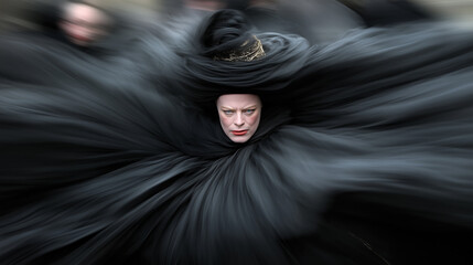 Striking Elegance in Swirling Black Fabric Exudes High End Fashion Allure and Bold Artistry