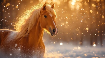 Golden Mane Horse in Snowy Winter Landscape. Generative AI
