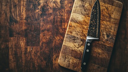 Knife blade standing in a cutting board rustic wood grain kitchen view