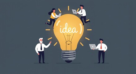 Team Collaboration for Innovative Ideas - Large Light Bulb with Laptops on Dark Background. articles, or marketing materials focused on team collaboration, brainstorming sessions, or innovation.