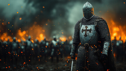 Fototapeta premium Powerful Medieval Knights in Full Armor, Adorned with Historic Designs, Set Against Majestic Landscapes, Embodying Strength, Honor, and Courage.