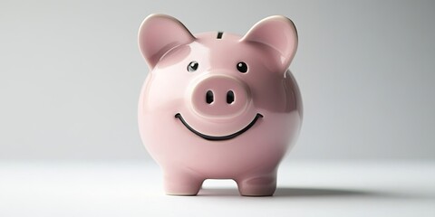 Cheerful pink piggy bank with a smiling face centered on white background symbolizing financial happiness and successful management