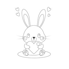 Cute Cartoon Bunny Holding a Heart with Love Symbols perfect for coloring book, line ar