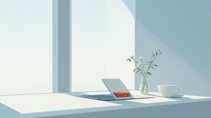 Fototapeta premium Minimalist business office setup with a laptop, a small vase of flowers, and a cup of tea on a white table.