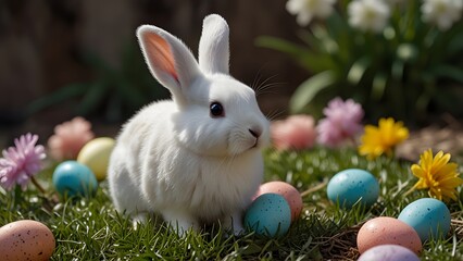 Easter Bunny with Colorful Eggs, Cute Rabbit and Easter Eggs, Springtime Rabbit and Nest, Festive Easter Scene