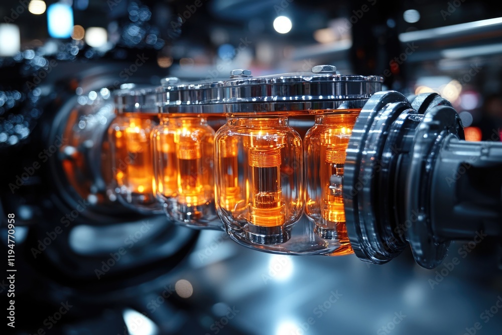 Poster close up shot of a machine with bright orange lights, great for illustrating technology or engineeri