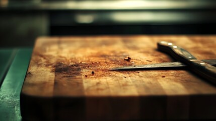 Wooden cutting board pierced by a knife natural kitchen atmosphere