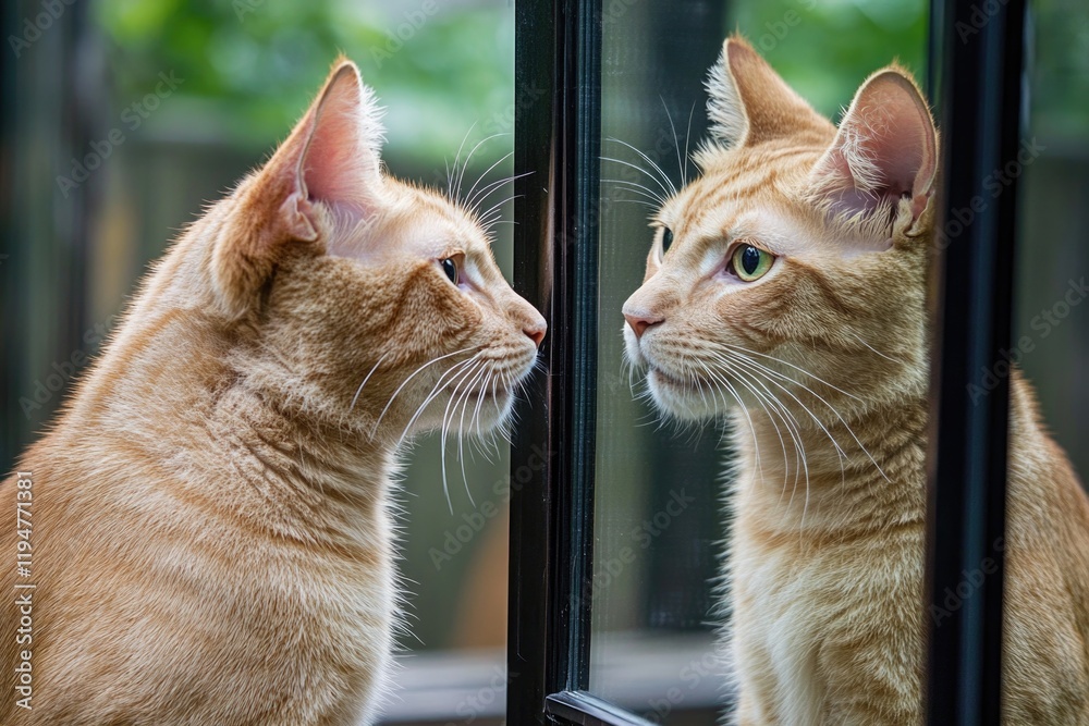 Poster A curious cat examining its reflection in a mirror