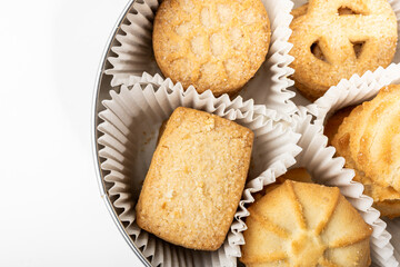 Danish shortbread cookies close-up in a tin box, Christmas cookies, cookies on a white background, isolate, catalog photo of cookies, holiday gift, pastries