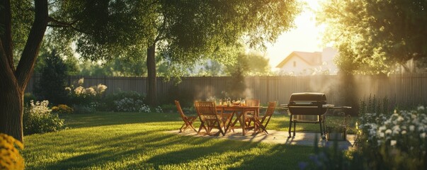 A family enjoying a barbecue in a sunny backyard, promoting outdoor cooking equipment, 4k photo.