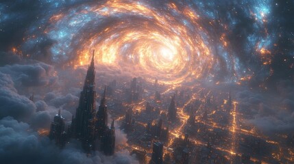 Fototapeta premium Futuristic Megacity Under a Cosmic Nebula. Generative AI