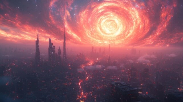 Futuristic Megacity Under a Cosmic Swirl. Generative AI