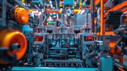 Fototapeta premium Colorful machinery on a factory floor with multiple parts in motion, showcasing the energy and power of automation.