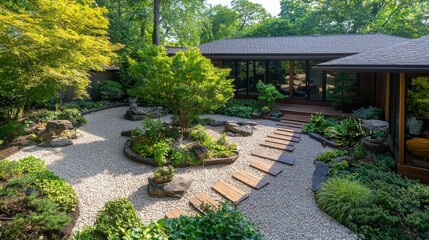 Tranquil zen garden serenity private residence landscape photography peaceful environment aerial view mindfulness concept