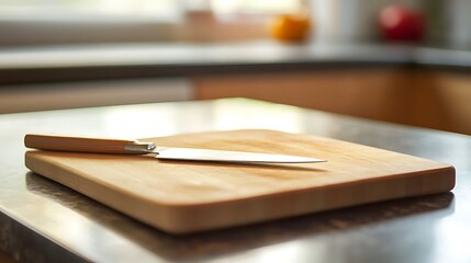 Cutting board with a knife blade sticking out kitchen countertop natural light