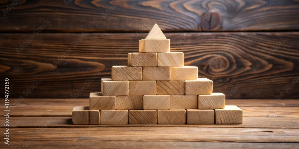 Poster wooden blocks arranged in a pyramid shape on a rustic wooden surface