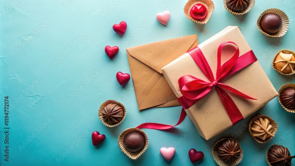 Poster a gift wrapped in kraft paper with a red ribbon and assorted chocolates