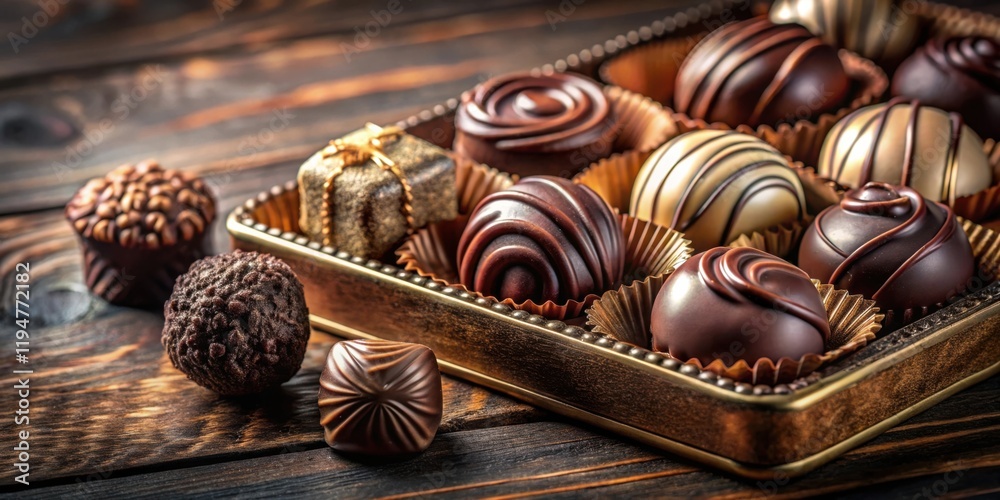 Poster a delightful assortment of gourmet chocolates in an elegant box, ready for gifting or enjoying