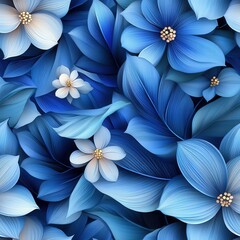 Vibrant Floral Pattern with Blue Leaves and White Flowers for Textile and Wallpaper Design, Seamless Repeat, Embroidery and Papercut Inspiration