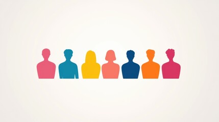 Fototapeta premium A colorful illustration showing a diverse group of seven stylized human figures standing in a row against a light background.