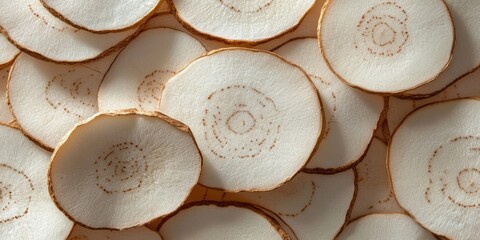 Close up view of thin Tongkat Ali slices showing creamy white interiors and light brown edges arranged in a circular pattern on a flat surface