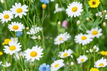 Fototapeta premium A vibrant field of daisies and wildflowers, showcasing white petals and yellow centers, surrounded by lush green foliage.
