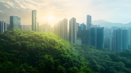 Fototapeta premium A photo of a lush green forest contrasted with a futuristic city using renewable energy, reflecting the transformation from high carbon emissions to a balanced, net-zero environment. 