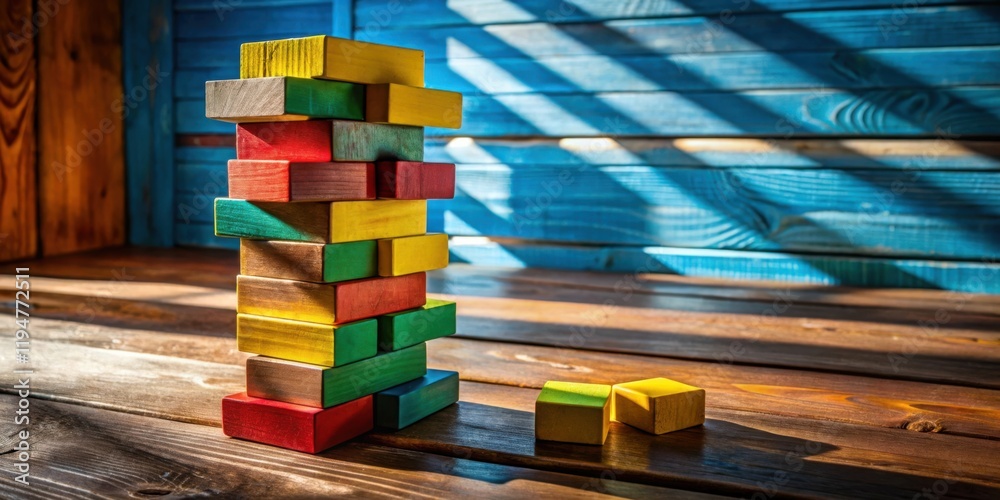 Poster a colorful wooden block tower precariously balanced on a rustic wooden surface