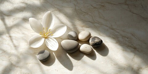 Single white flower positioned left among smooth gray and white stones on a light marble background softly illuminated by warm sunlight